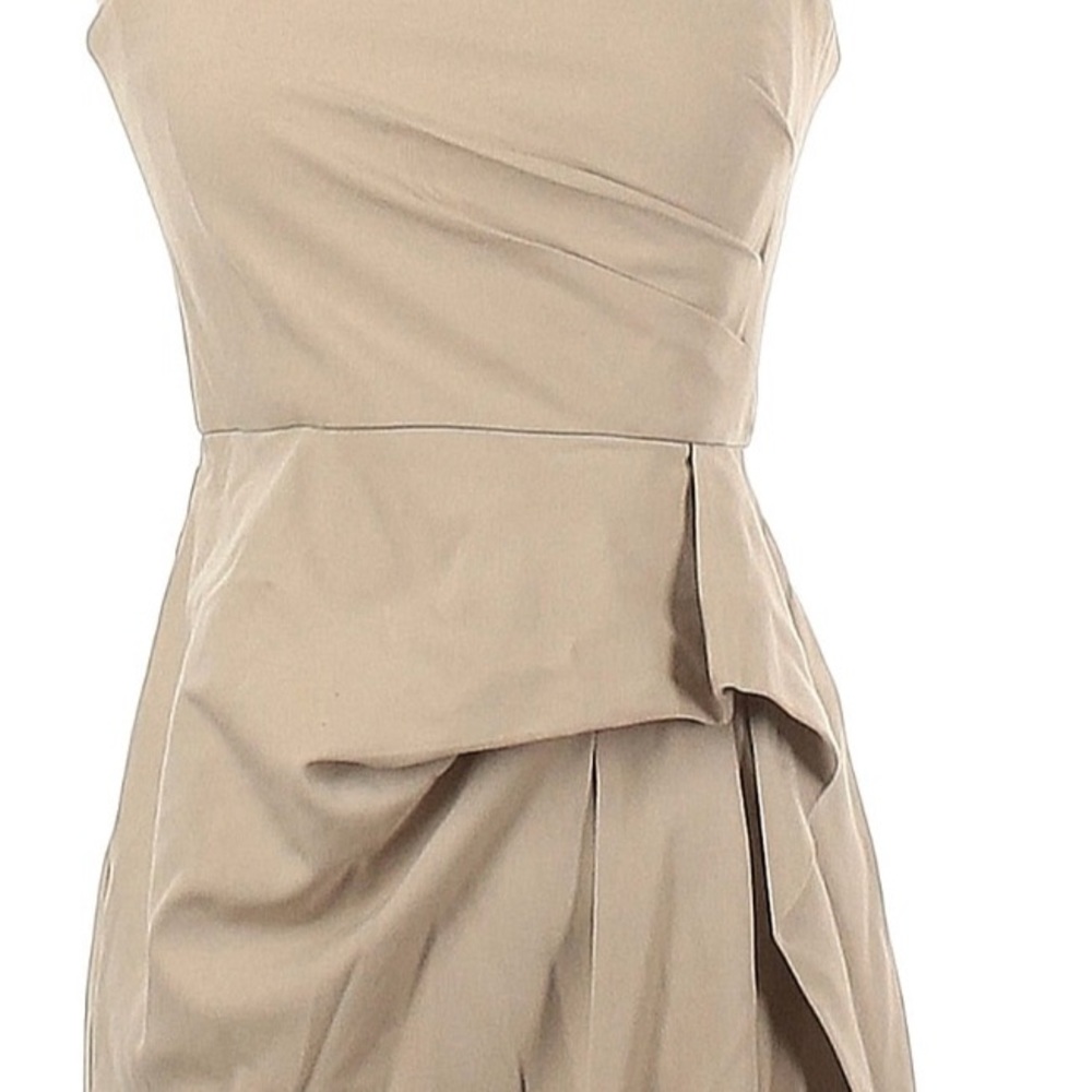 Strapless tan cocktail dress. Chest 40cm, Length 72cm, waist 35cm.
